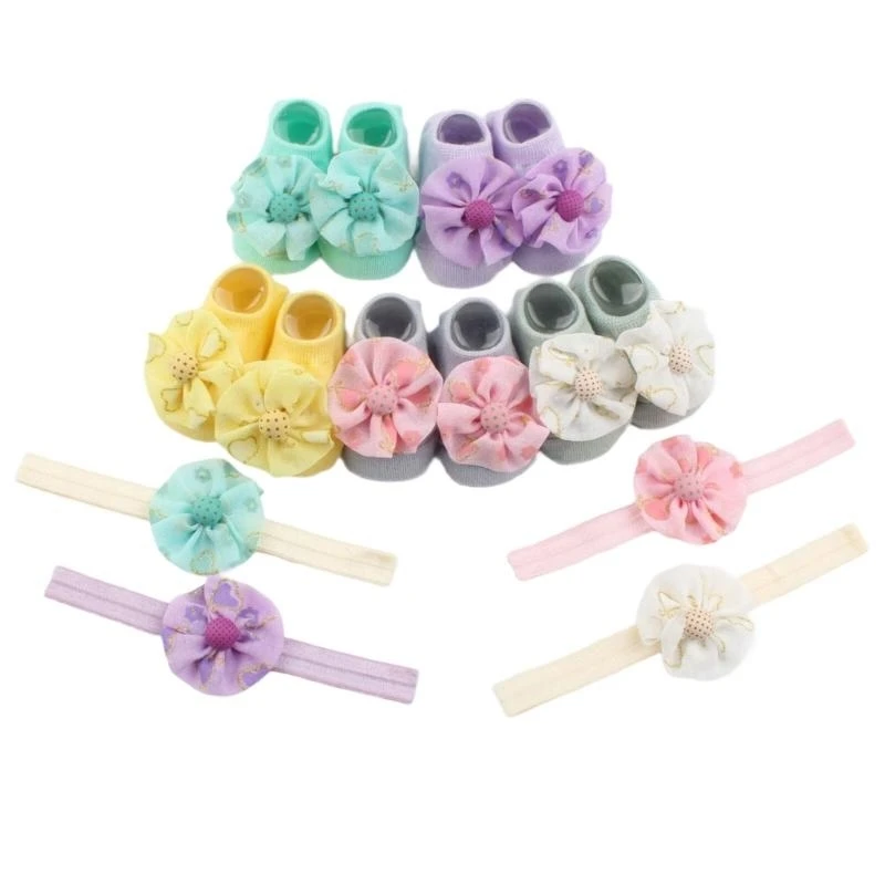 

Hairbands with Socks Baby Flower Pattern Headband for 0-6 Month Baby Hair Bands Soft Elastic Headwear Photography Props 4XBC
