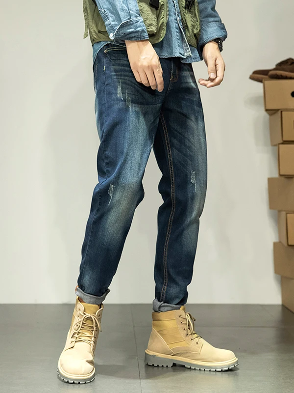 

Retro Sle Men's Slim Fit Jeans Blue Hole Elastic mid Waist Zipper Closure Winter Wear Comfortable Stretch Denim Pants