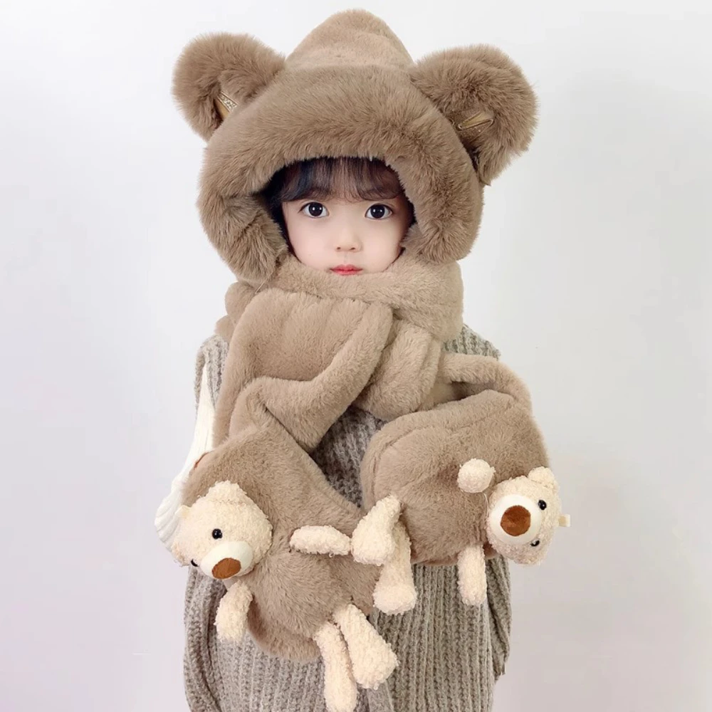 

New Children's Hooded Hat Scarf Glove Set Winter Cute Thickened Warm Three-in-one Soft Hat With Long Scarf Shawl Gloves