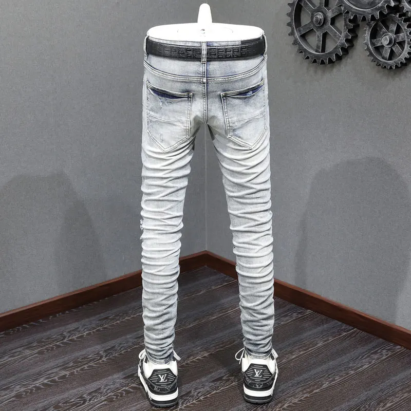 Y2K High Street Fashion New Men's Jeans Wrinkle Washed Nostalgic Perforated Light Blue Jeans Hip Hop Brand Splicing Pants Hombre