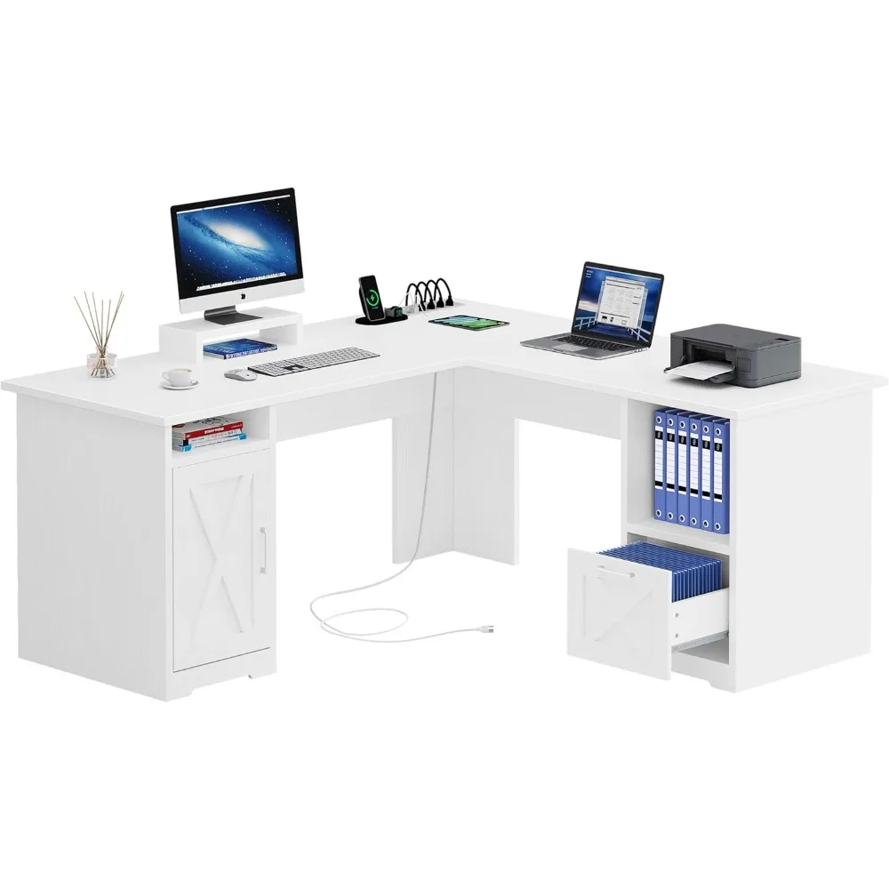 

L Shaped Desk with Power Outlets, 60 Inch Computer Desk Corner Desk with File Drawer, Home Office with Monitor Stand& Storage