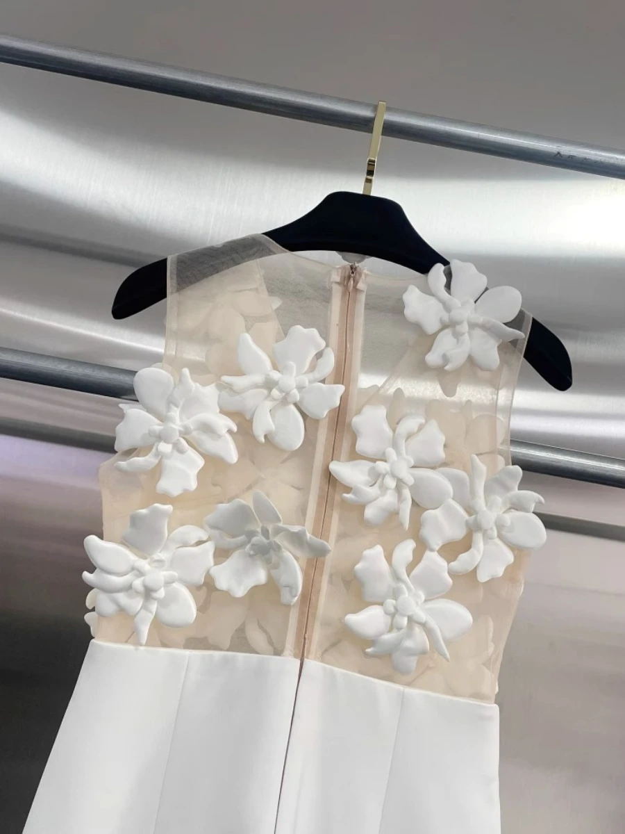 CHICEVER Tuta elegante con applicazioni impiombate ritagliate per Owmen O Collo senza maniche Vita alta Patchwork Zip Tute bianche Donna