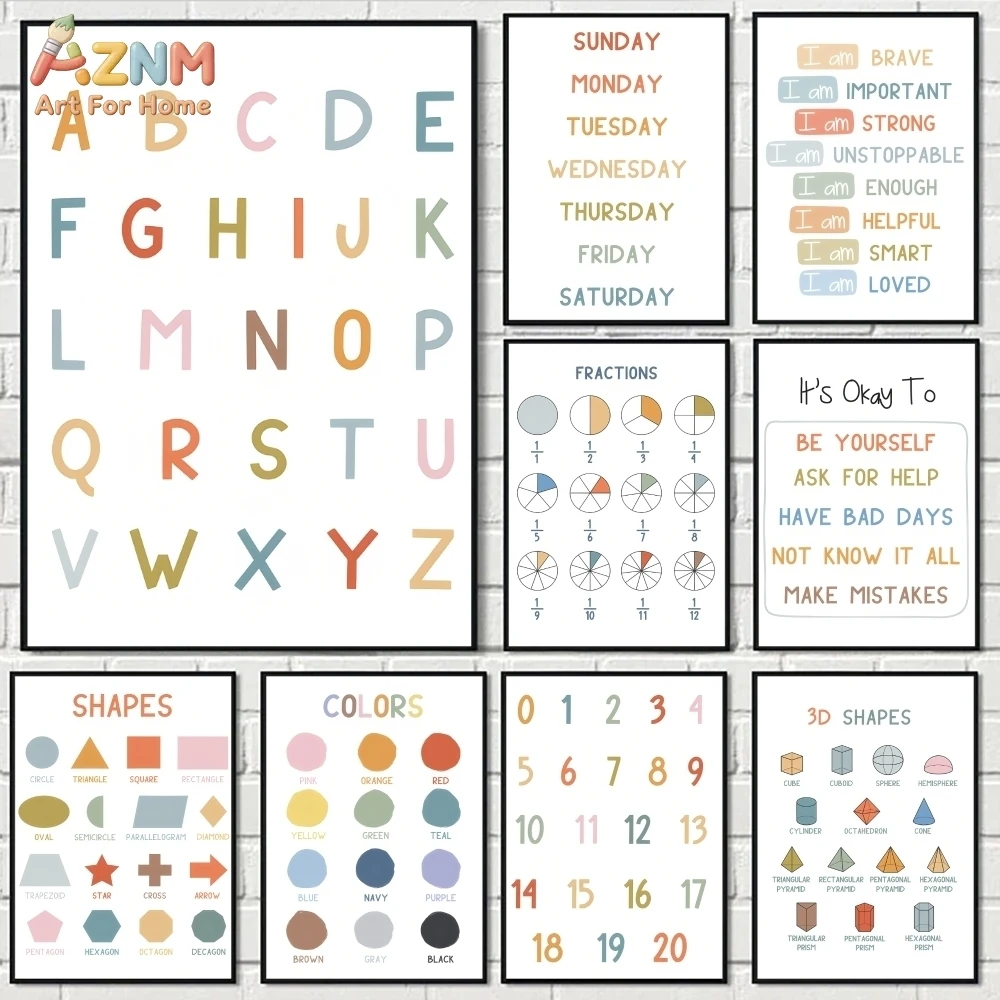 AZNM – toile murale éducative sans cadre avec chiffres et lettres, affiche d'apprentissage pour enfants, décoration de salle de classe pour crèche, peinture sans cadre
