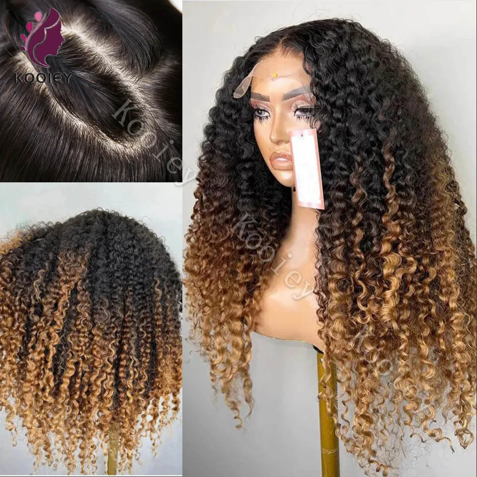 1b/27 Ombre Blonde Kibky Krullend 13x4/360 Kant Frontale diepe Golf Pruik Menselijk haar Pre Geplukt Zijden Top Kant Pruiken Babyhaar Rond