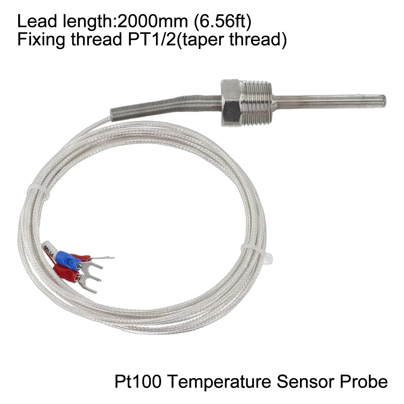 Pt100 Ohm Probe Sensor L 50mm PT NPT 1/2'  Thread W/ Insulation Wire Overall Length 2080 Mm 8mm Probe Part Diameter Electrical