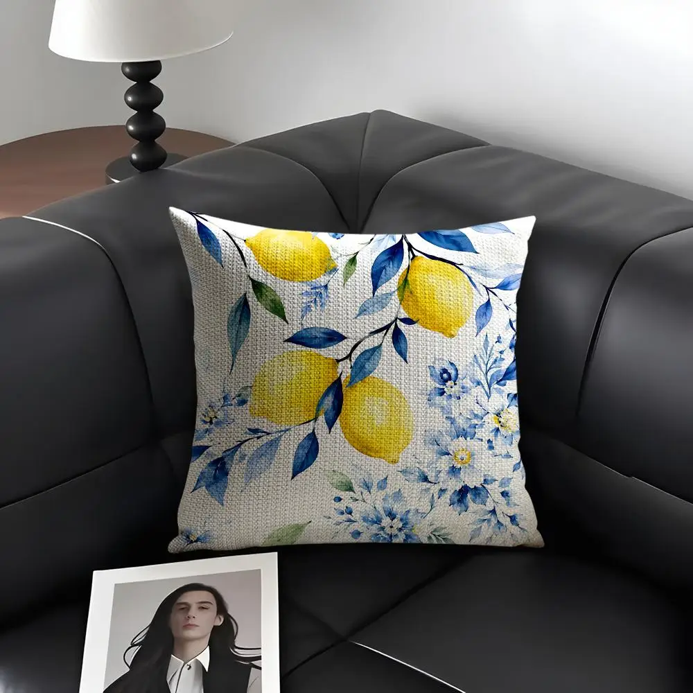 Blue Porcelain Lemon Print Cushion Cover Natural Linen Organic Fabric Double-Sided Printing Breathable Perfect Gift For Decor