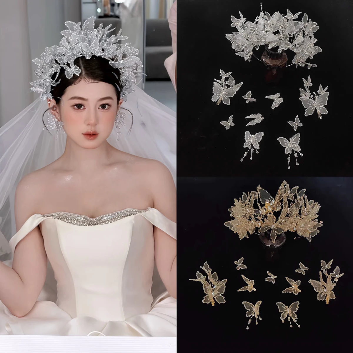 Luxury Champagne Butterfly Crown Ear Set Crystal Bead String Exquisite Grand Bride Forest Style Hairband Accessory