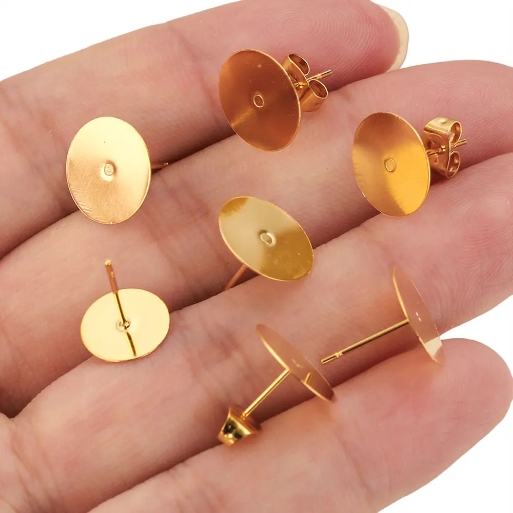 50pcs Stainless Steel Blank Base Earrings Studs With Earring Plug Gold color DIY Jewelry Making Materials Findings Wholesale