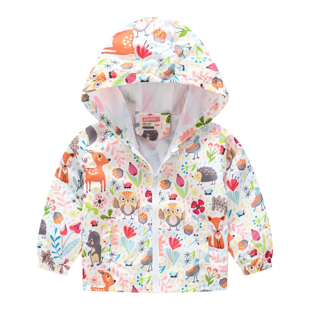 Boys and Girls Windproof Hooded Jacket Assorted Cartoon Pattern Print Zip Coat Kids Spring Clothes