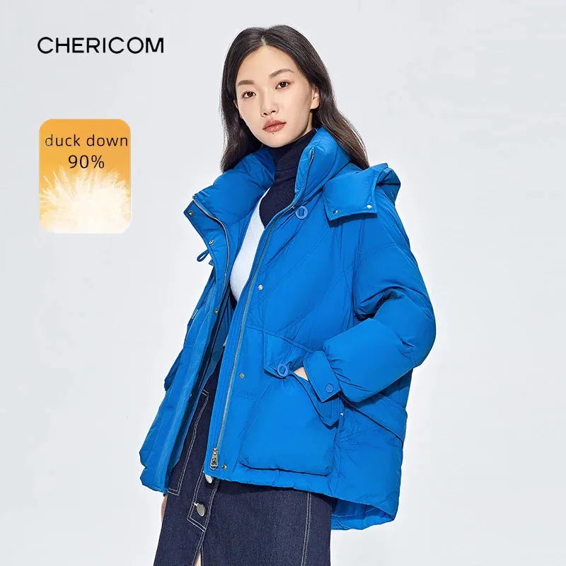 Chericom ショート厚いダウンジャケット女性の冬暖かい防寒フード付きパファーコートファッションオフィスレディパッド入りジャケット Y289091Y