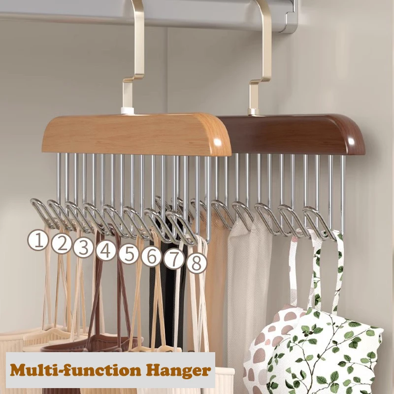 Multifunctional Solid Wood Hanger Tie Vest Belt Hat Clothing Hangers Pants Hanger with 8 Hooks Closet Organizer Clothes Rack