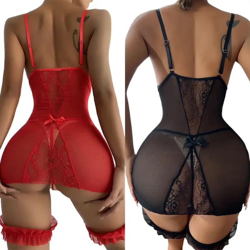 

Прозрачное ночное платье с v-образным вырезом и стрингами, женские сексуальные сорочки, красное кружево, сексуальное женское белье, сексуальные платья Babydoll, порно