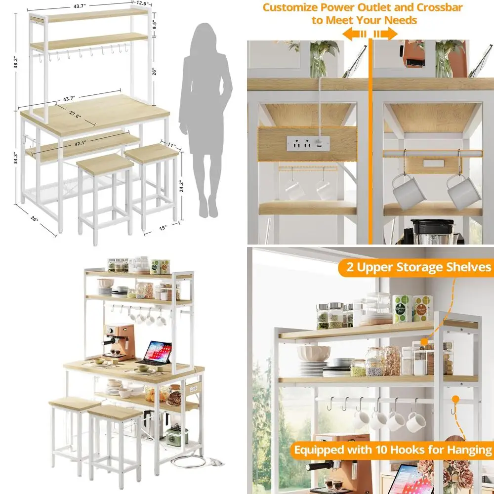 Kitchen Island with Stools, Dining Table Storage and Outlet, Industrial Coffee Bar, Living Room 10-Hook Wood Rack