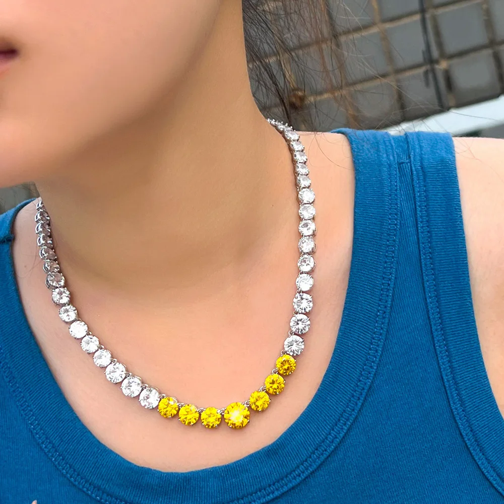 Pera Amazing Yellow White Round Cut CZ Zircon Tennis Chains Necklaces Dancing Party Jewelry for Women Fashion Accessories P048