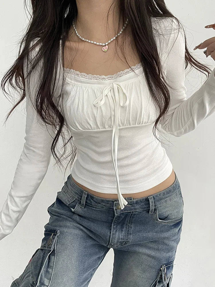 

Rockmore Lace Stitching Kawaii T-Shirts Long Sleeve Spring Autumn Women Slim Casual Square Collar Basic Bottoming Pullover Tops