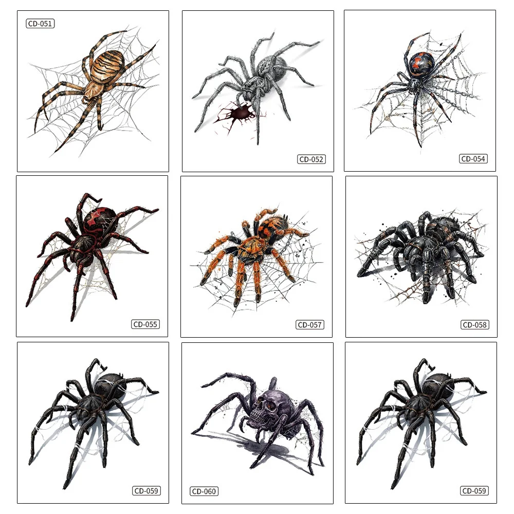 8pcs Horror Spider Web Temporary Tattoos, Gothic Skull Black Widow Water Transfer Fake Tattoo Stickers, Dark Punk Cool Body Art