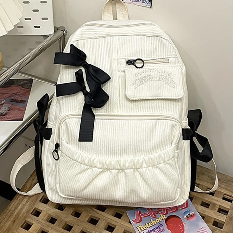 Richme Zaini vintage da donna in velluto a coste con fiocco in nastro JK Borsa uniforme Designer femminile Studenti autunnali Pendolari Mochilas Para Mujer