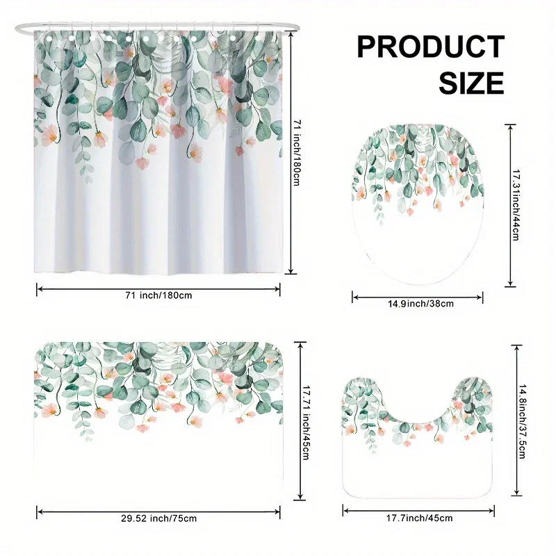 Il set da bagno da 4 pezzi con stampa floreale verde fresco include una tenda da doccia, un tappetino antiscivolo, un copriwater, un tappetino a forma di U
