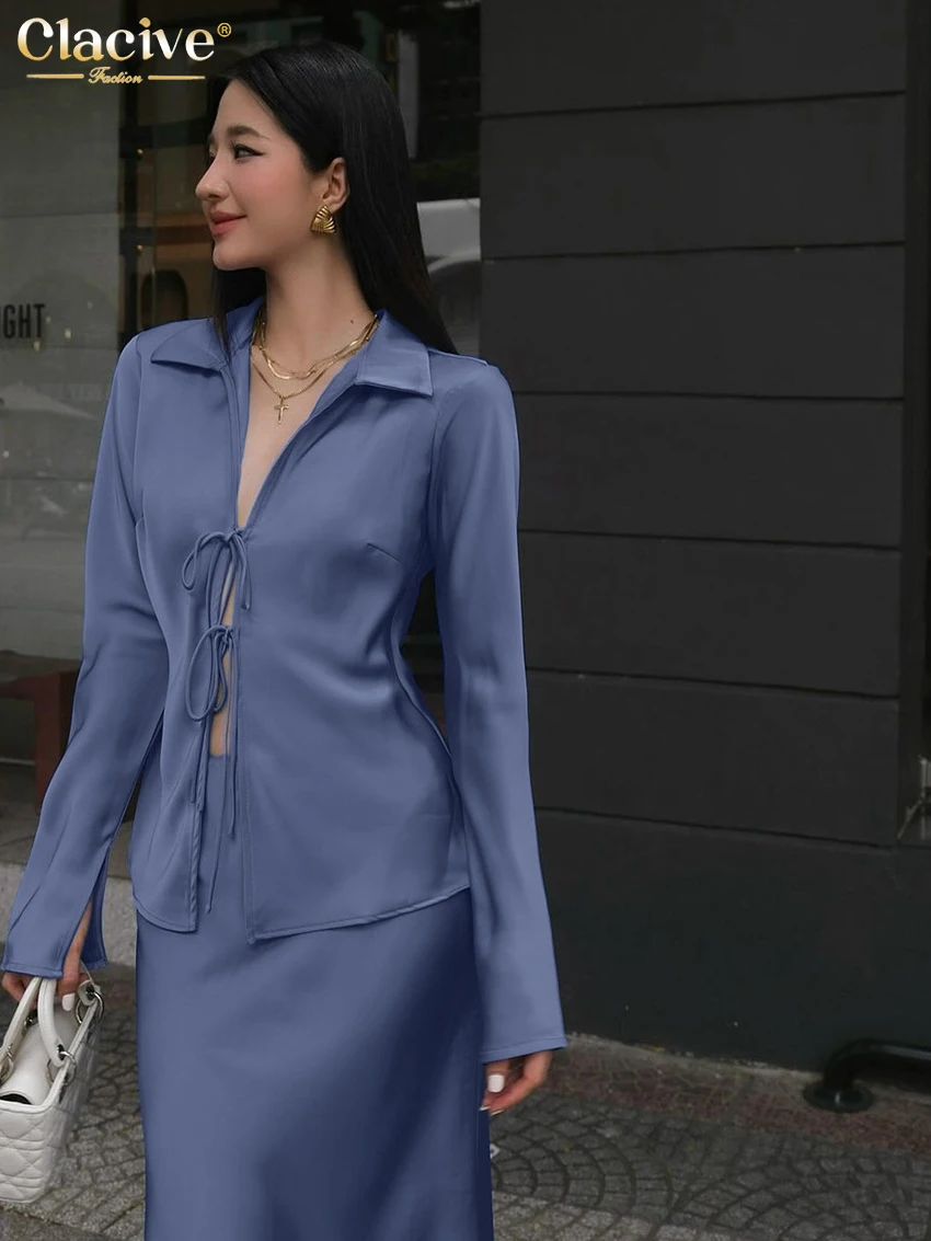 Clacive แฟชั่นหลวมสีฟ้าผู้หญิง 2 ชิ้นชุด 2025 เซ็กซี่เสื้อแขนยาวเอวสูงชุดกระโปรงยาวหญิง streetwear