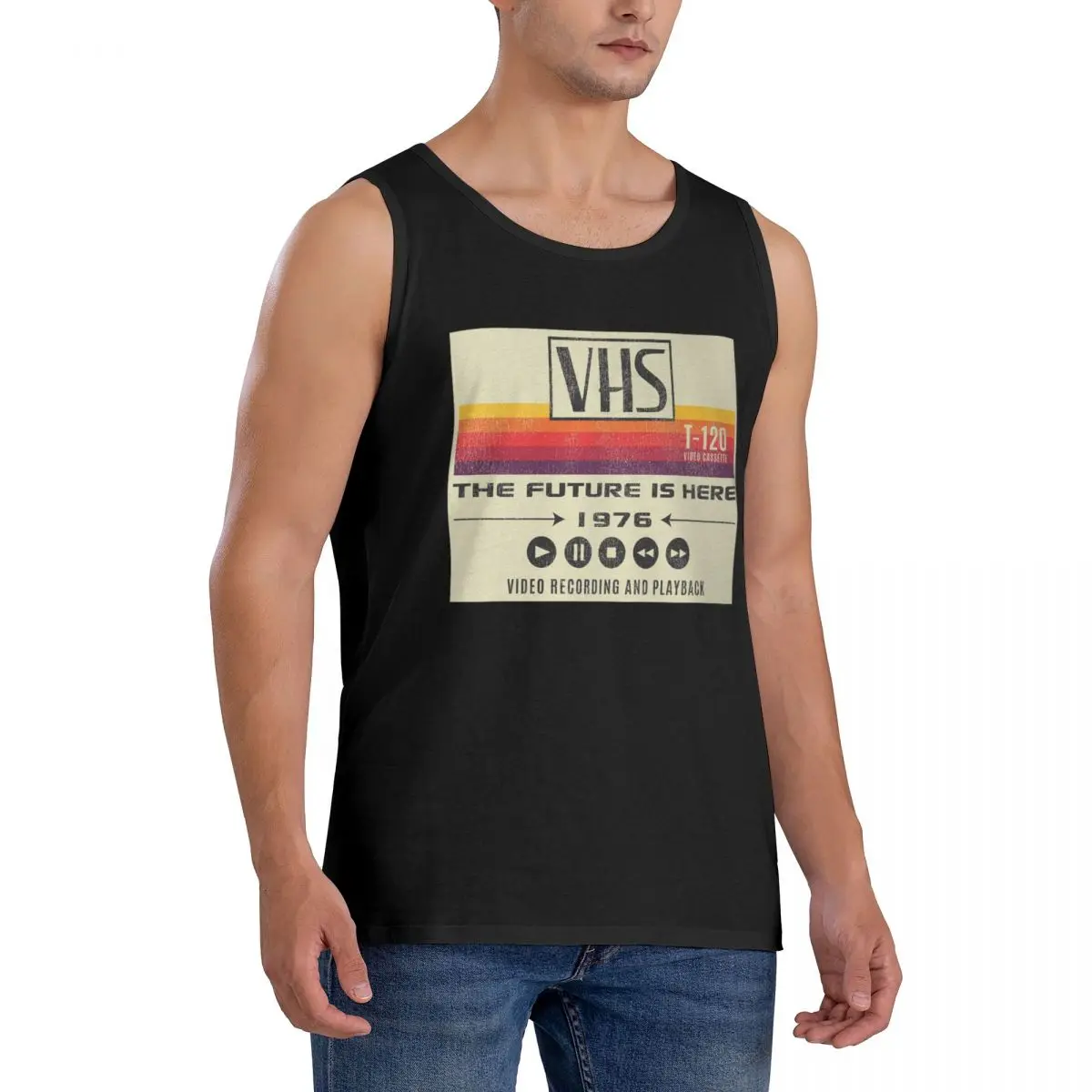 100% Cotton VHS The Future Is Here 1976 Worn Out Lts Sleeveless T-Shirt Men Workout Sports Clothing Tops Men's Crew Neck Vest