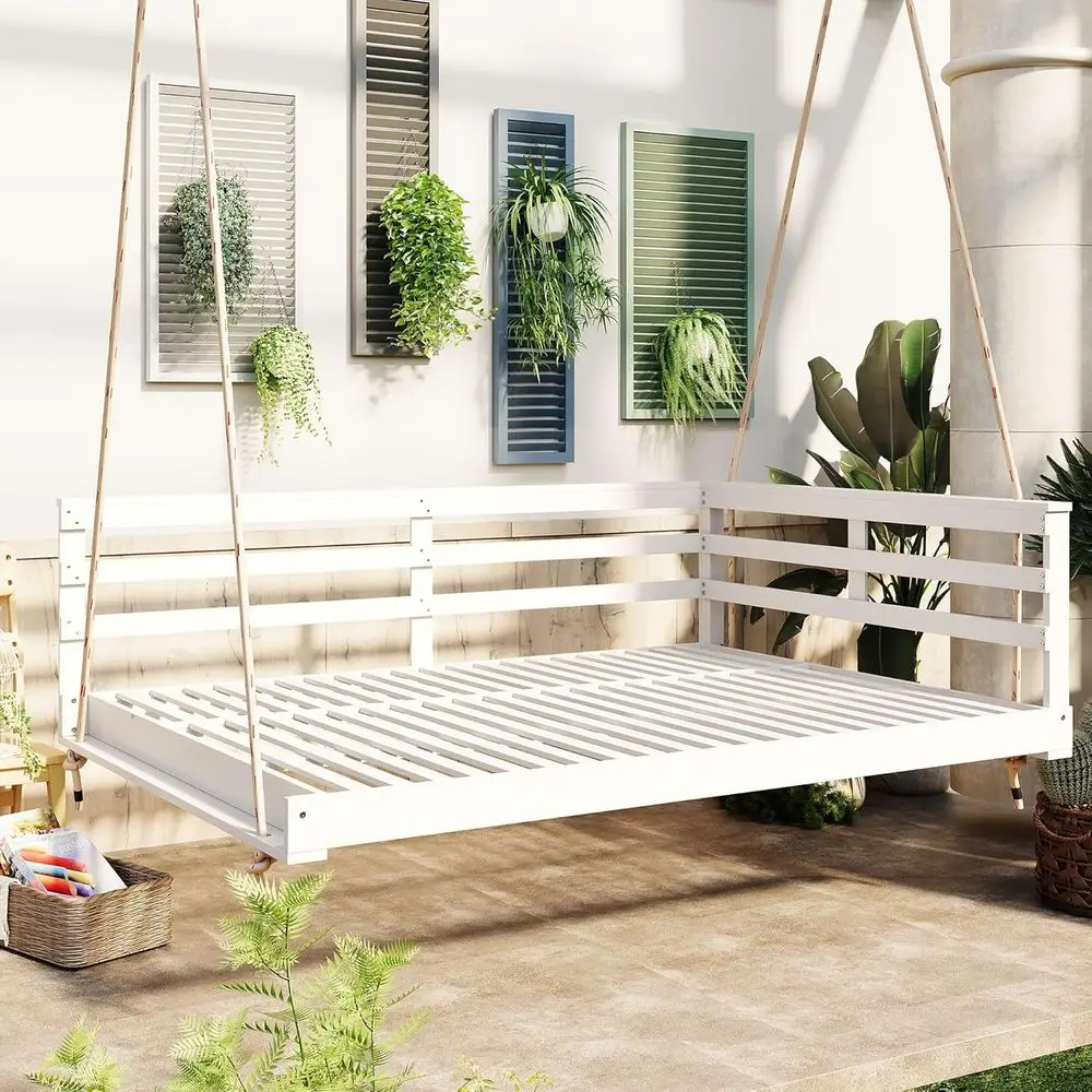 

White Acacia Wood Swing Bed, Full Size Outdoor Hanging Porch Bed with Hemp Ropes for Patio, Backyard, Garden