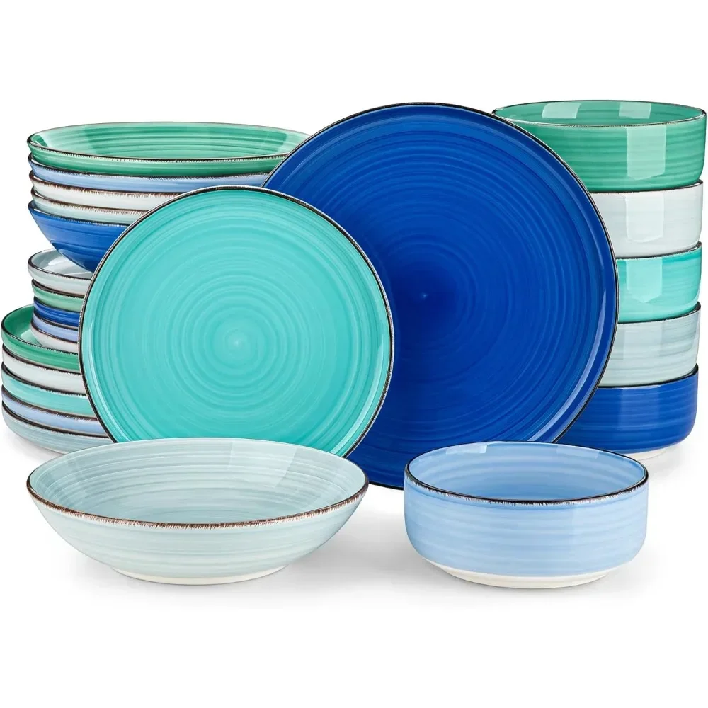 Dinnerware Sets 24 Pieces, Blue Stoneware Dishes Set for 6, Dinner Platers with Bowls Set, Dishwasher and Microwave Safe