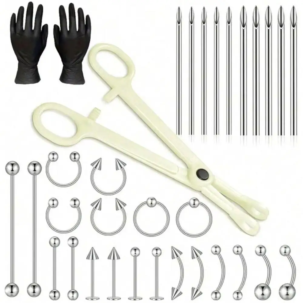 1/33Pcs Set Mix Body Piercing Tool Kits Include Piercing Clamp Needles And Piercing Jewelry For Nose Ear Lip Belly Navel Tongue