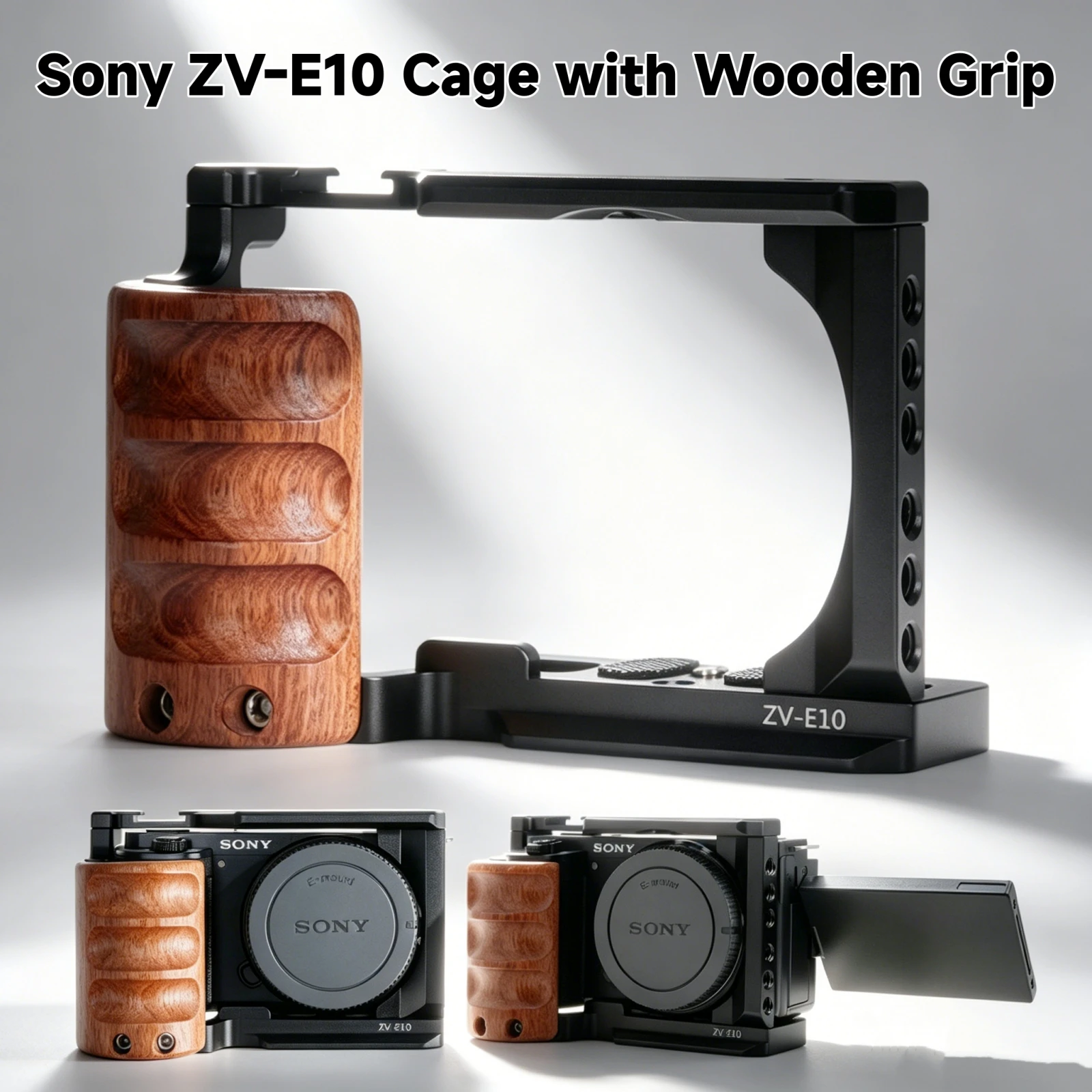 木製ハンドル付きメタルカメラケージ-sony-zv-e10用-アルミニウム合金ケージ-1-4インチ＆3-8インチネジ穴付き-アルカスイスプレート-コールドシューマウント