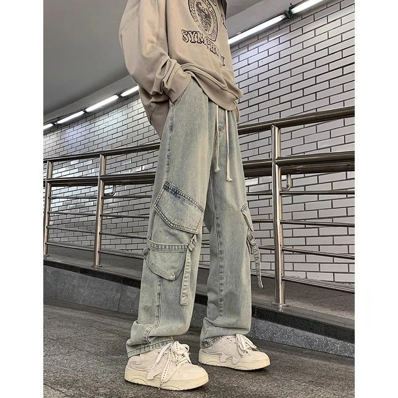 Retro straight leg jeans men and women trend loose pockets wide legs American street style personalized casual workwear pants