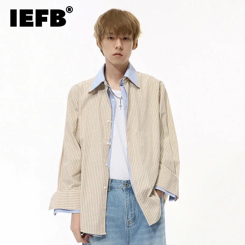 

IEFB Korean Style Men's Shirts Vertical Stripe Fake Two-piece Casual Clothing Turn-down Collar Long Sleeve Loose Male Top 9C7602