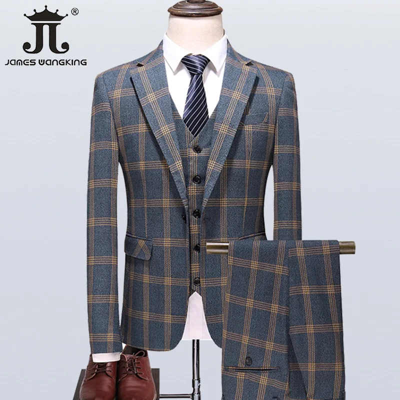 (  Blazer + Vest + Pants ) High-end Brand Gray Plaid Mens Formal Business Office Suit Three-piece Groom Wedding Dress Party Suit