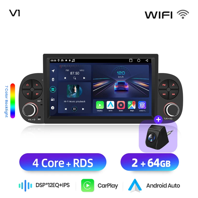 Junsun 7 "Draadloze CarPlay Android Auto Radio voor Fiat Panda 2013 2014 2015-2020 GPS Stereo multimedia WiFi 4G 8core RDS