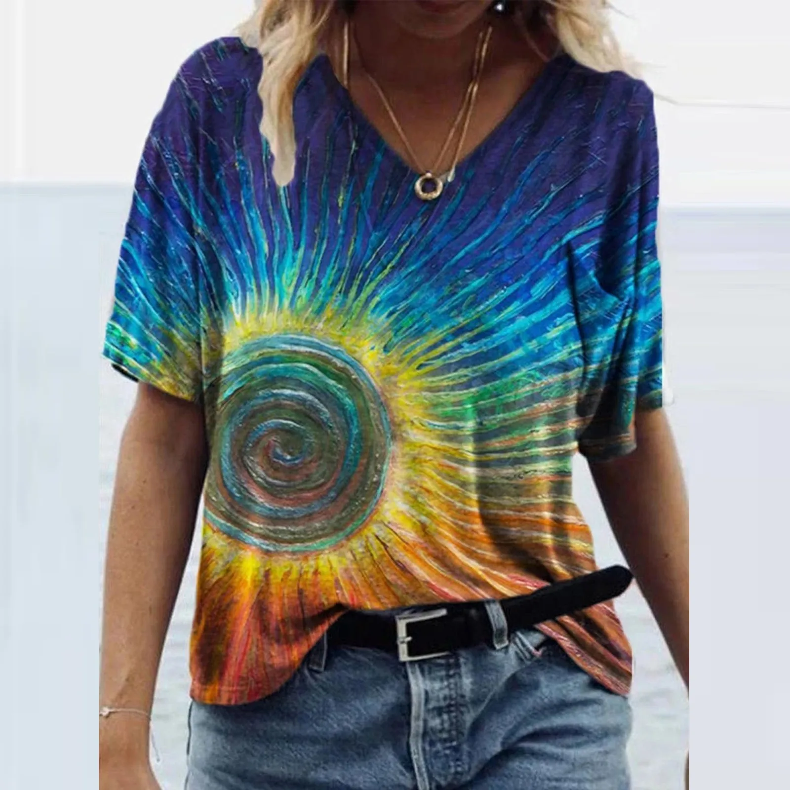 Women'S  Art Painting Printing V-Neck Tops T-Shirt Lady Slight Strech Short Sleeve Loose Fit Tee Tops Streetwear Female Blouse