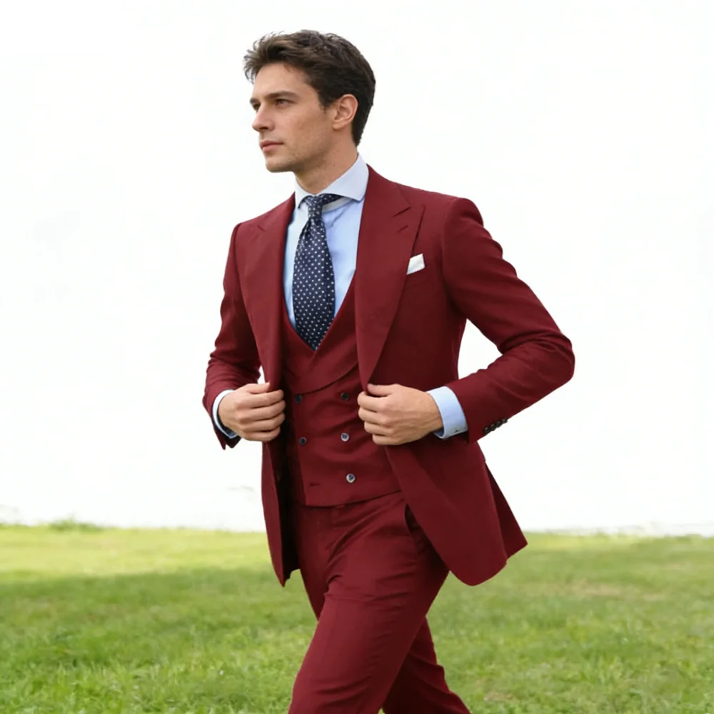 Red Blue And White Long Men's Smoking Suit Customizable Blazer Dance Jacket Vest Trousers Chinese Drawings Soft Coat Mens Formal