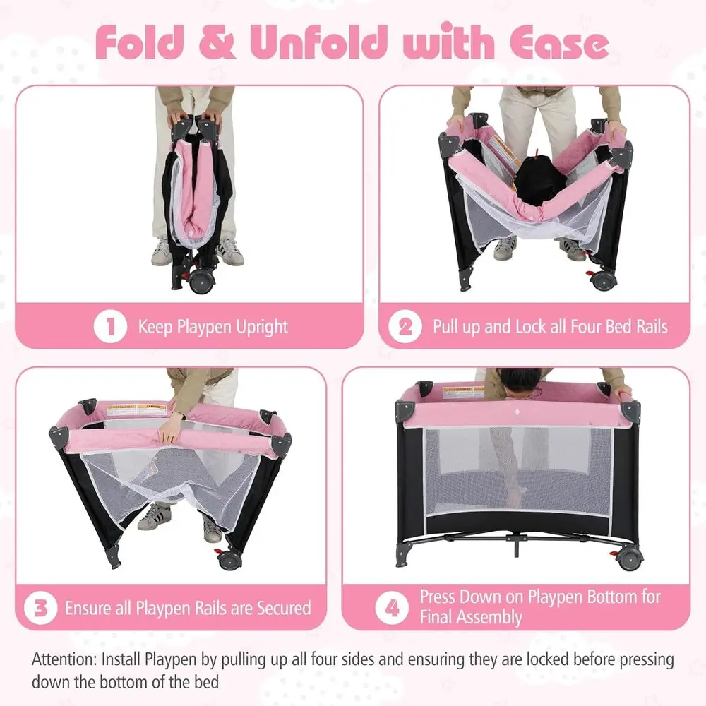 روضة أطفال 4 في 1 قابلة للطي مع سرير ومبدل حفاضات وألعاب للأطفال الصغار - وردي