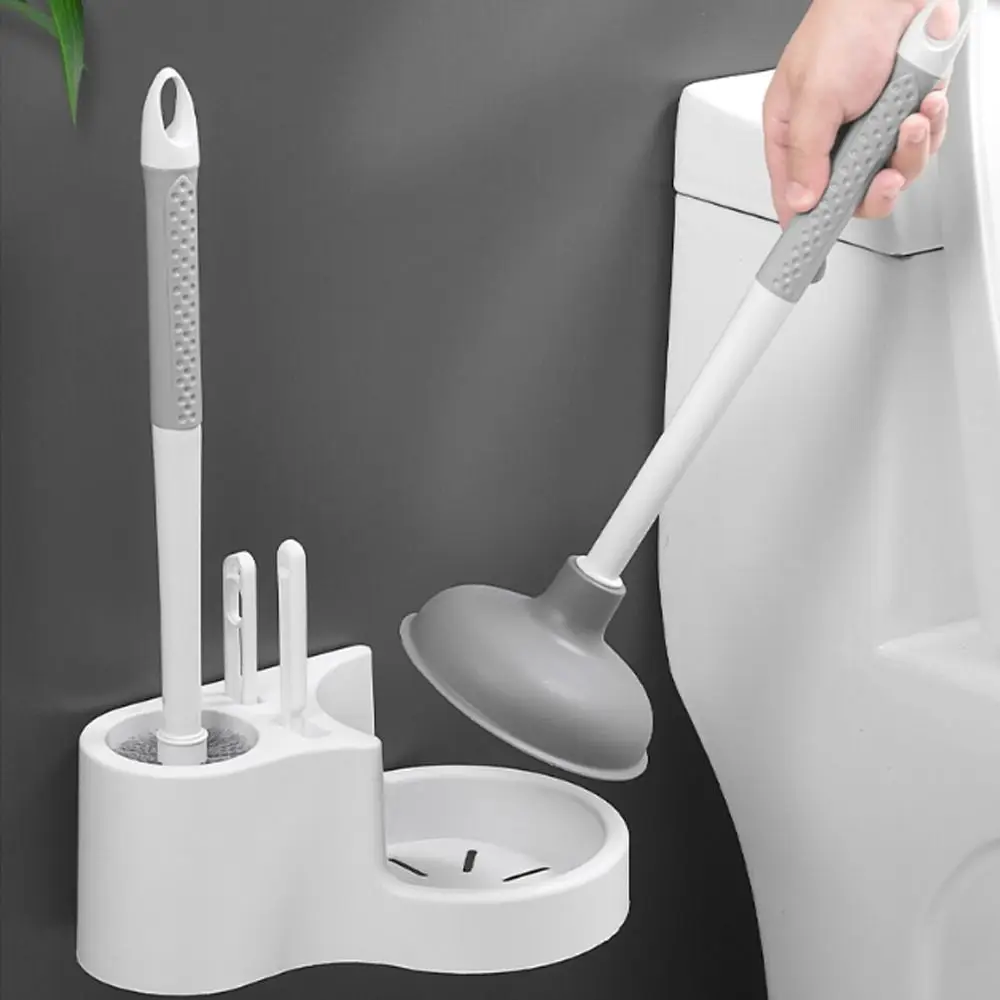 

4 in 1 Toilet Brush Holder Long Handle Wall Mounted Toilet Bowl Brush No Dead Angles Toilet Plunger Bathroom Maintenance