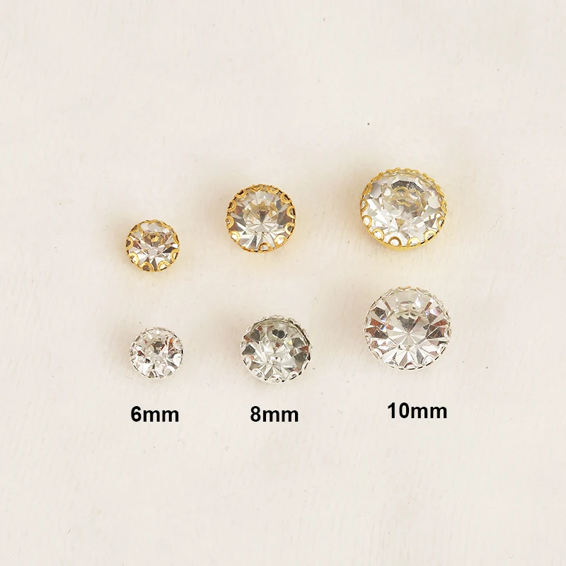 RESEN 6/8/10mm Sew On Round Rhinestone Gold/Sliver Flower Claw Glass Clear Crystal Rhinestone with Holes DIY Garment Accessories