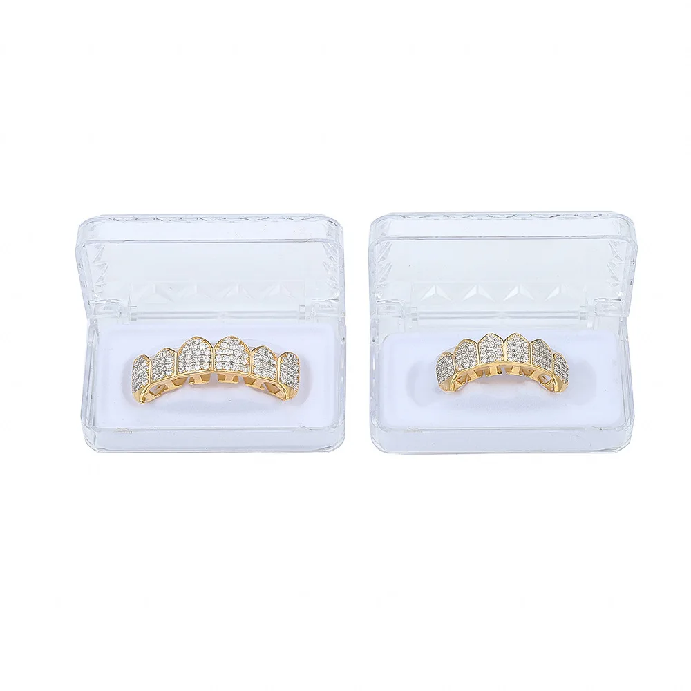 Juego de Grillz de dientes brillantes para hombres y mujeres, tapas de circón cúbico, Micro pavé superior e inferior, parrillas con dijes, joyería de Hip Hop