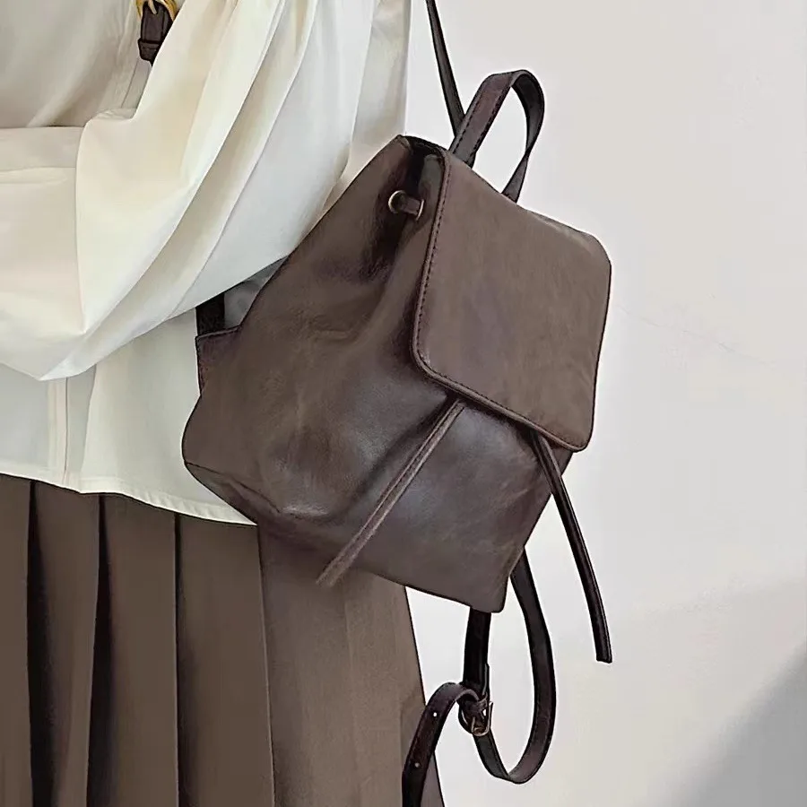 

NEW Small Drawstring Flap Backpack Women PU Leather Textured School Backpack Fashion Travel Commuter Bag Girl Bakpacks