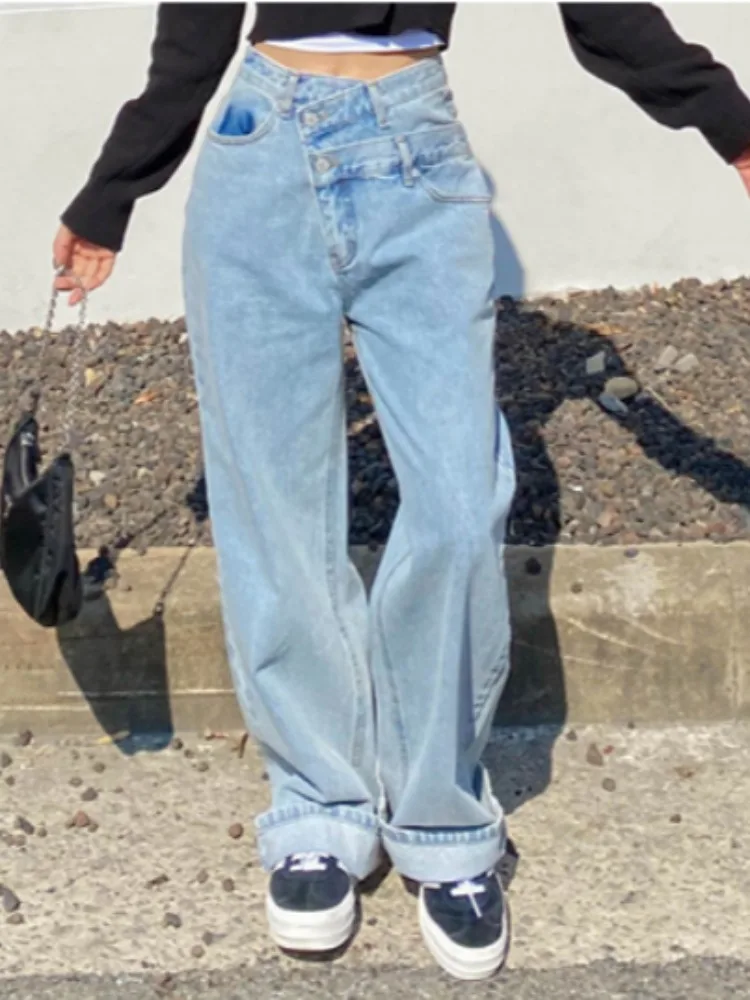 

Асимметричные повседневные джинсы с высокой талией и двумя пуговицами, прямые широкие брюки, женские шикарные весенние новые повседневные свободные джинсы