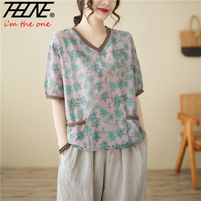 

THHONE Summer Fashion Woman T-Shirts Tops Striped Print V-Neck Short Sleeve Korean Casual Loose Vintage Women's Clothes Tees