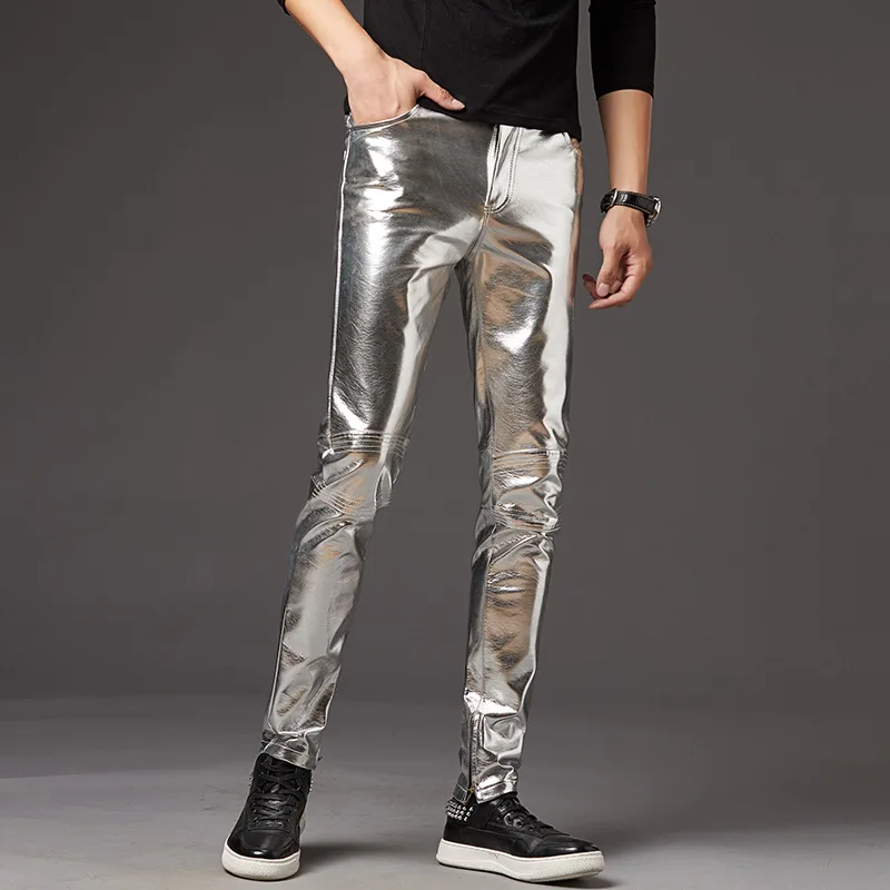 Autumn/Winter Men\'s Leather Pants Korean Slim Fit Feet Pants Stage Performance Men\'s Motorcycle Bright Silver Leather Pants