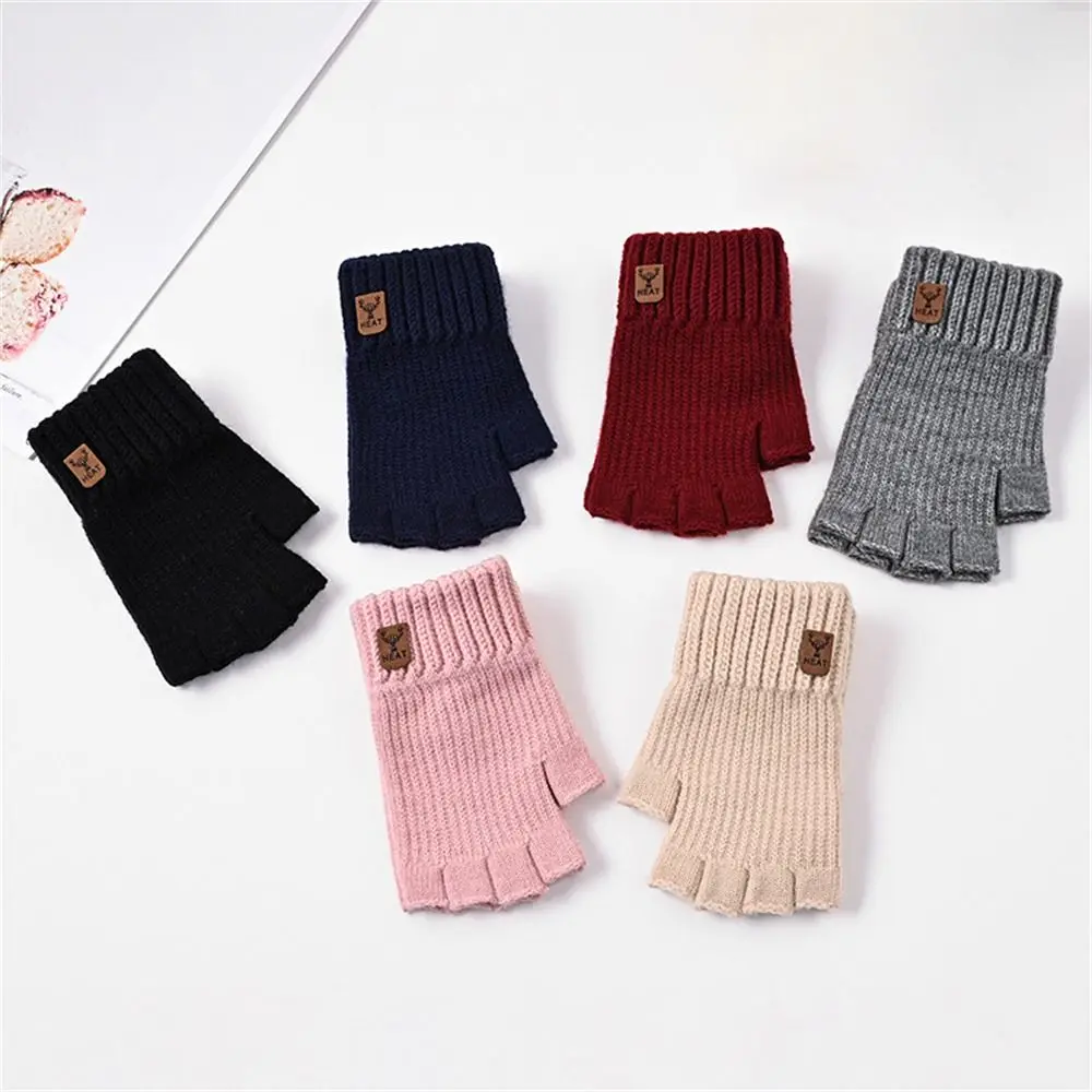 Daily Knitting Warm Gloves Thicken Elastic Knitted Mittens Solid Color Touch Screen Half Finger Gloves for Working