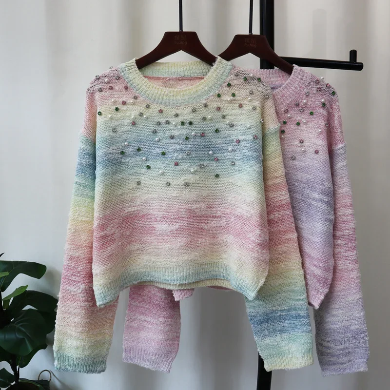 

Patchwork Pullovers Knitted Women Clothing Jumpers O Neck Long Sleeve Casual Pearls Sweater Loose Slight Strech Autumn 2024