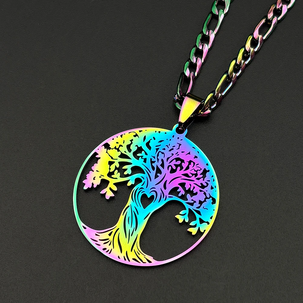 

Tree Of Life Heart Chain For Women Men Stainless Steel Rainbow Color Lucky Amulet Faith Male Party Love Necklace Jewelry Gifts