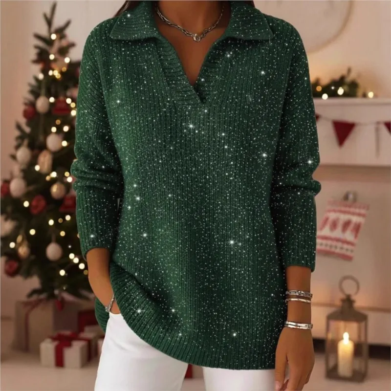 Autumn Sparkle Polo Collar Knitwear Women 2025 New Long Sleeve Pullover Glitter Casual Autumn Winter Warm Top Holiday Streetwear