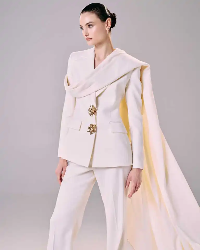 Designed Button Blazer 2 Pieces Elegant Slim Fit Full Sleeve Jacket Customized Fashion Wide Leg Pants Celebrity Party Power Gown