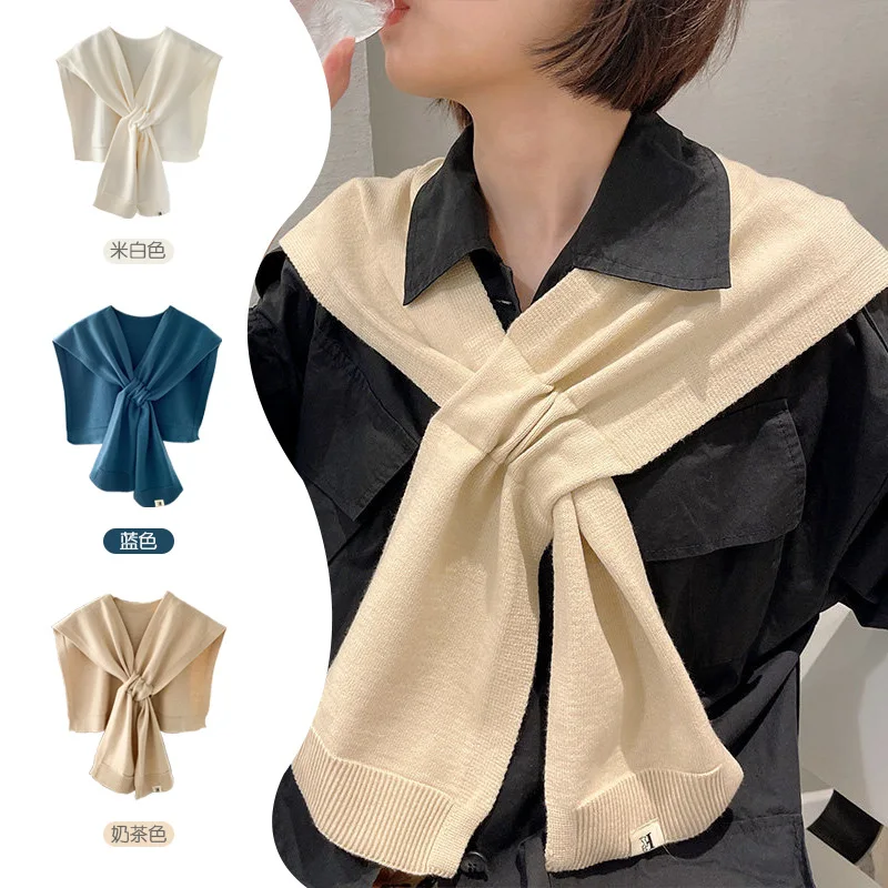 New Solid Knit Shawl for Women, Korean Versatile Sleeveless Shrug Ins Fashion Scarf for Spring Autumn