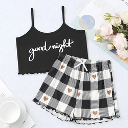 Sexy Checkered Summer Women's Printed Letters Exposed Navel Short Sleeves and Printed Checkered Shorts Casual Pajamas