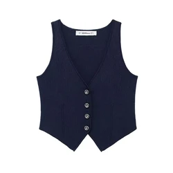 Willshela Women Fashion Navy Blue Single Breasted Knitted Vest Tank Tops Vintage V-Neck Sleeveless Female Chic Lady Top